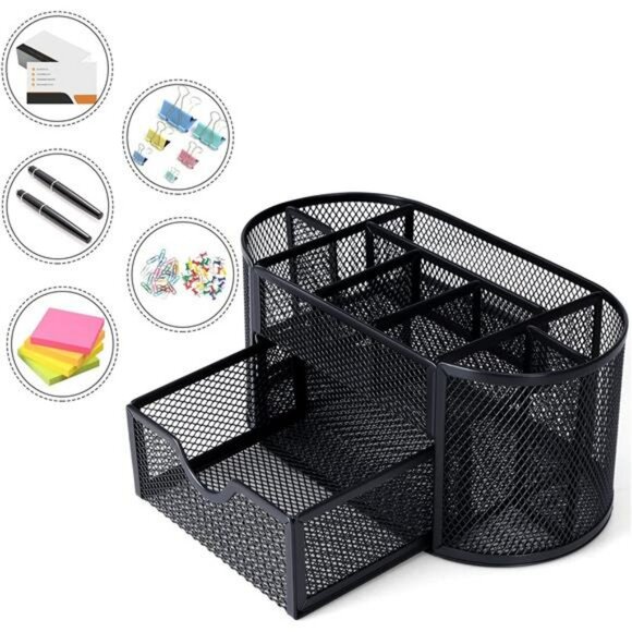 Black mesh pen holder desk organizer with drawer pencil and marker storage caddy - Picture 4 of 8